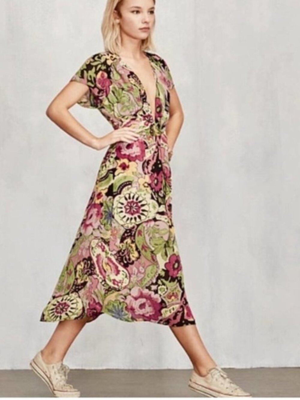 Reformation pink and green floral midi dress, size 2P